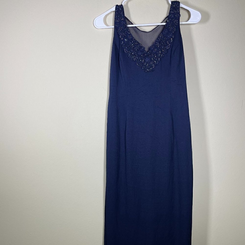 Scott McClintock Women's Petite 4 Vintage Navy Beaded Maxi Gown Mesh Back!